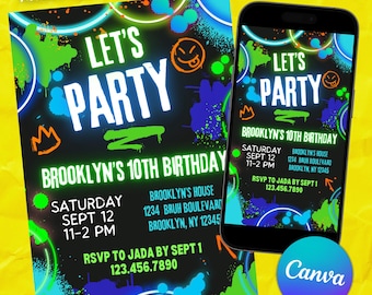 Neon Splatter Geburtstagseinladung für Jungen mit Canva | Kids Party Einladung Vorlage | Digital Glow Birthday für Handy