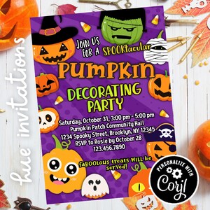 May include: A purple Halloween party invitation with pumpkin and monster graphics. The text reads "Pumpkin Decorating Party" with event details. Includes a call to RSVP by October 28.