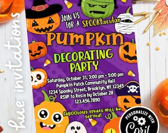 pumpkin decorating party invitation | kids pumpkin decorating Halloween party flyer template | church or school Halloween party invite