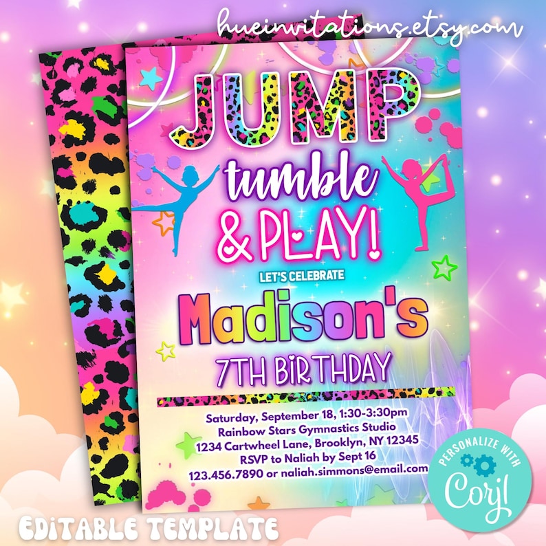 May include: A colorful invitation with the text "JUMP tumble & PLAY!" for a 7th birthday party. The design includes a leopard print border, gymnastics figures, and event details. The invitation is an editable template.