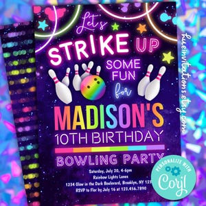 Puede incluir: Invitaci&oacute;n a una fiesta de cumplea&ntilde;os con tem&aacute;tica de bolos en tonos ne&oacute;n rosa, azul y verde, con el texto "Let's Strike Up Some Fun for Madison's 10th Birthday Bowling Party". La invitaci&oacute;n tiene un fondo negro con estrellas y una bola de bolos y bolos.