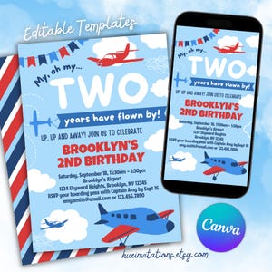 Mall för födelsedagsinbjudningar till flygplan | Redigerbar Canva-inbjudan till 2-årsfesten "Two the Skies"