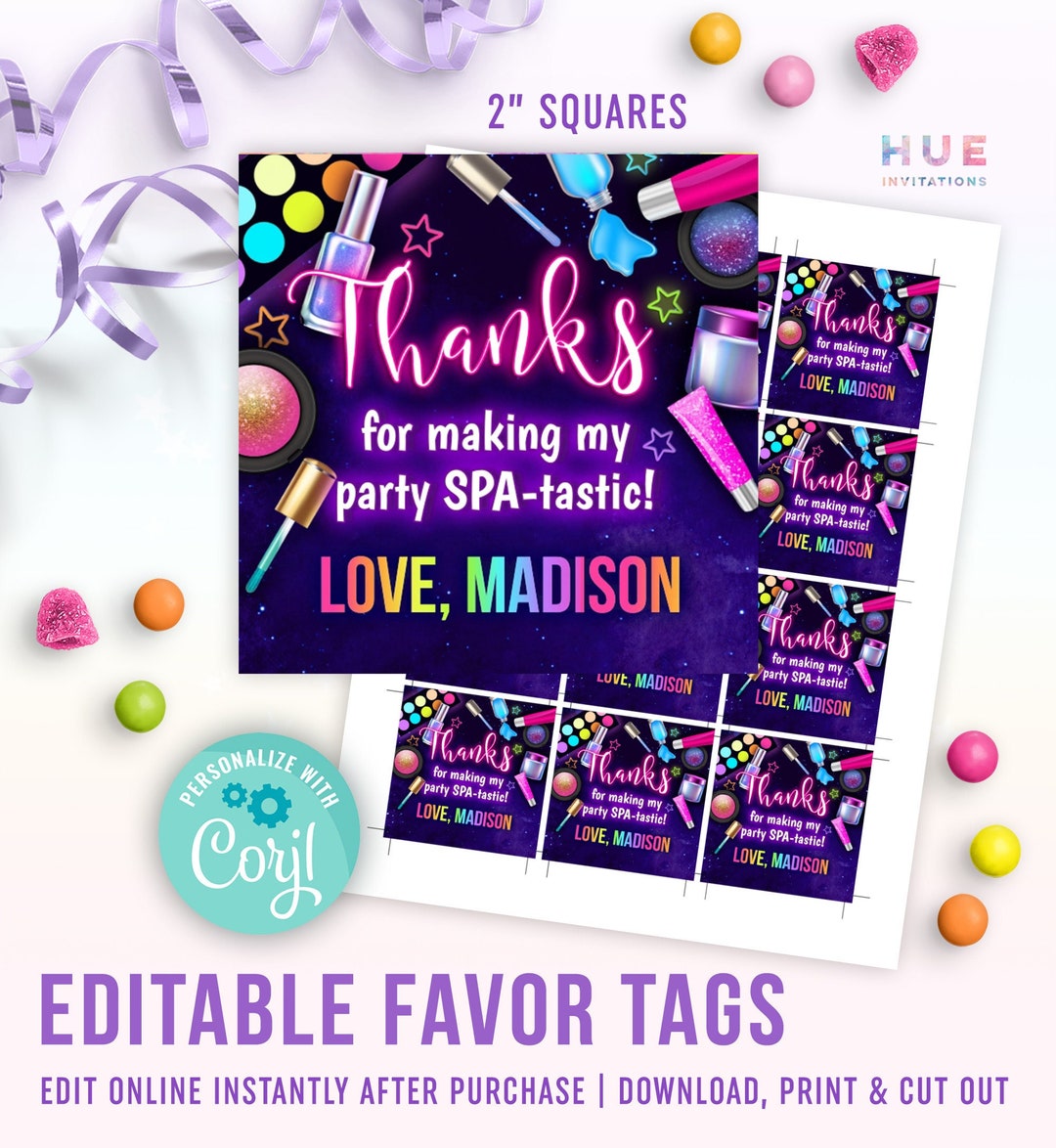 Spa Party Favor Tags Editable Template Rainbow Makeup Party Thank You ...