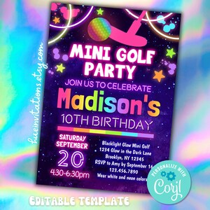 Pu&ograve; includere: Un invito a una festa di compleanno rosa e blu neon per una festa di mini golf. L'invito presenta uno sfondo nero con stelle e una mazza da golf e una palla rosa neon. Il testo sull'invito recita "Mini Golf Party" e "Join us to celebrate Madison's 10th Birthday". L'invito include anche la data, l'ora e il luogo della festa. L'invito &egrave; personalizzabile con il testo "Personalizza con Coril".