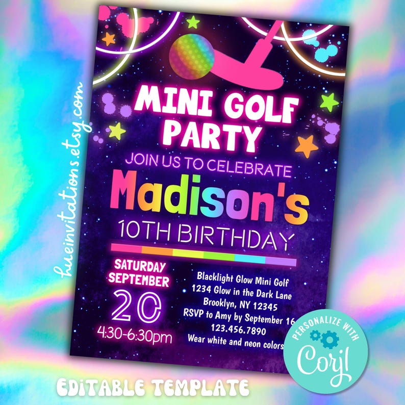 Pu&ograve; includere: Un invito a una festa di compleanno rosa e blu neon per una festa di mini golf. L'invito presenta uno sfondo nero con stelle e una mazza da golf e una palla rosa neon. Il testo sull'invito recita "Mini Golf Party" e "Join us to celebrate Madison's 10th Birthday". L'invito include anche la data, l'ora e il luogo della festa. L'invito &egrave; personalizzabile con il testo "Personalizza con Coril".