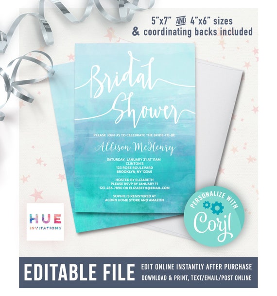 Blue Watercolor Bridal Shower Invitation Instant Download Etsy