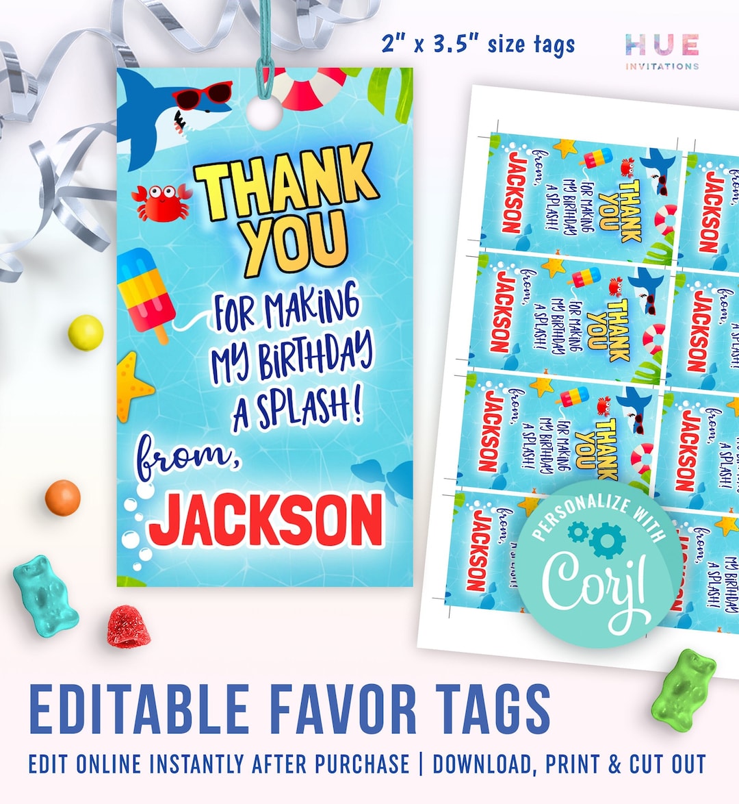 Pool Party Favor Tags Printable Template | Shark Pool Party Thank You ...