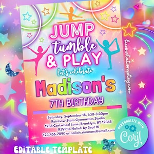 Regenbogen Gymnastik Party Einladung bearbeitbare Vorlage | Mädchen Jump Tumble & Play Gymnastik Thema Geburtstagseinladung | ausdrucken oder per Nachricht/email