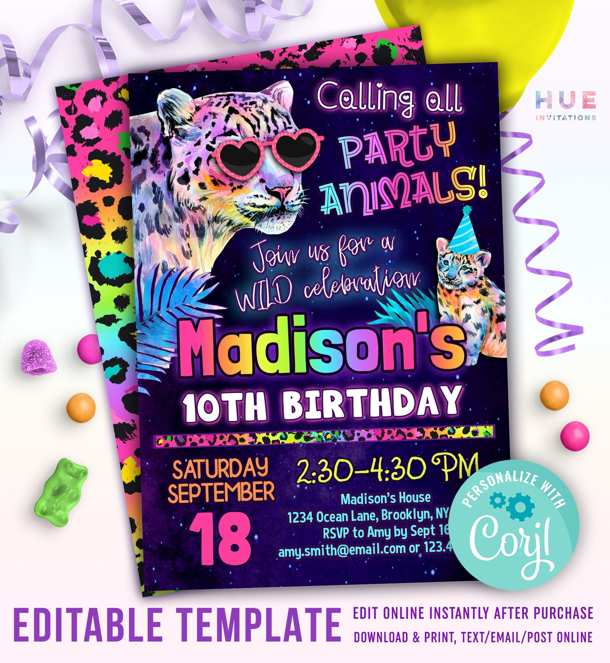 Rainbow Leopard Party Animal Birthday Invitation for Girl | Cute & Colorful Neon Safari Snow Leopard Birthday Party Invite Editable Template - Etsy rainbow-leopard-party-animal-birthday-invitation-for-girl-cute-colorful-neon-safari-snow-leopard-birthday-party-invite-editable-template-etsy