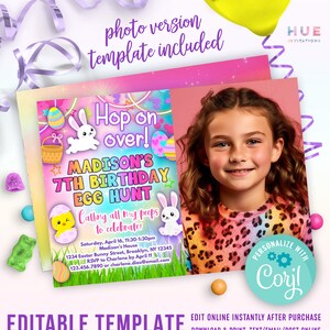 May include: A colorful birthday invitation for a 7th birthday egg hunt. The invitation features a bunny, a chick, and a rainbow. The text on the invitation reads "Hop on over! Madison's 7th Birthday Egg Hunt. Calling all my peeps to celebrate!" The invitation also includes the date, time, and location of the party.