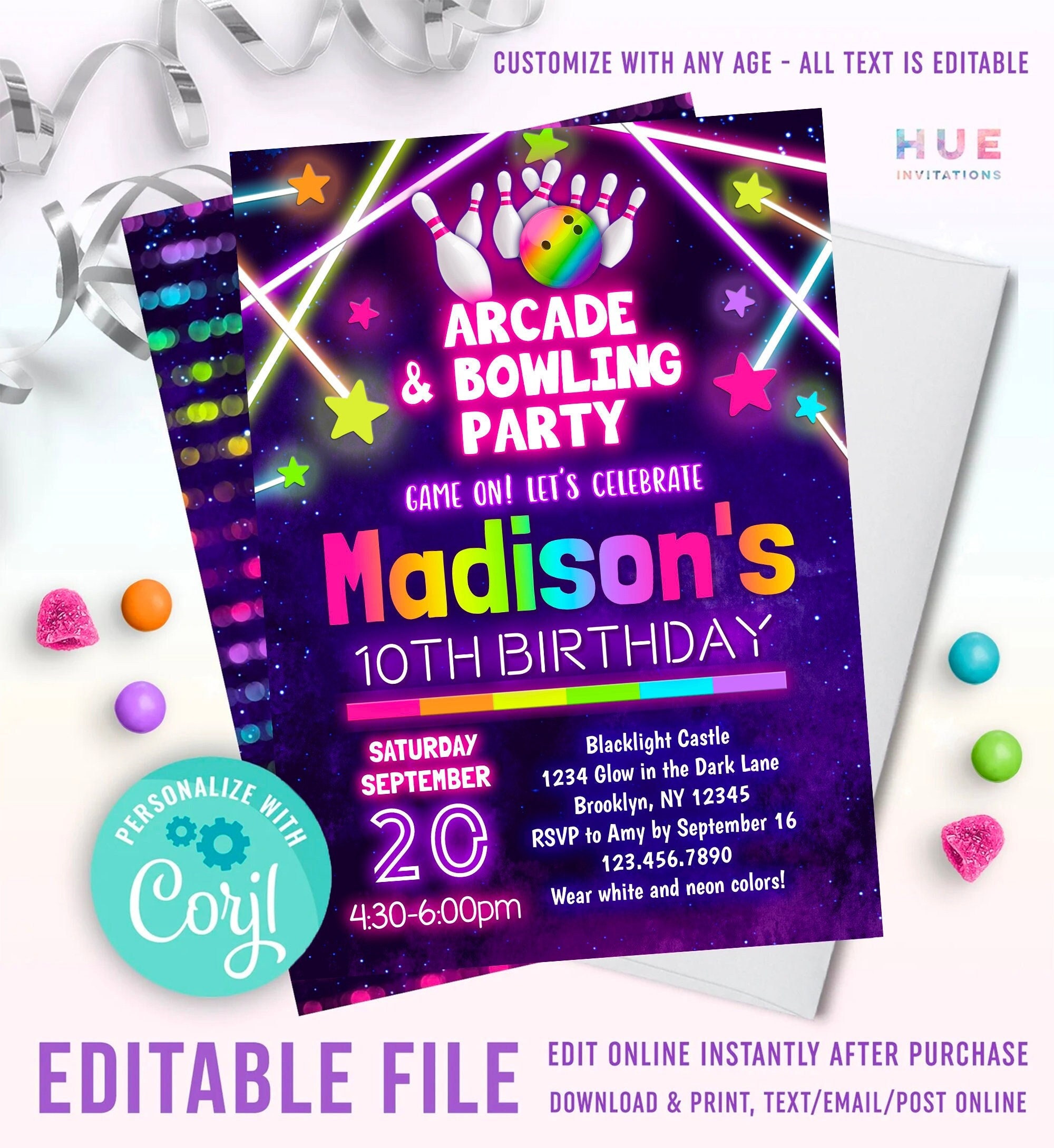 Girls Arcade Bowling Party Invitation Editable Rainbow Glow