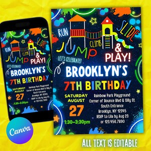 K&ouml;nnte beinhalten: Eine farbenfrohe Einladung zu einer 7. Geburtstagsfeier mit einem Neon-Leucht-im-Dunkeln-Thema. Die Einladung zeigt einen Spielplatz mit einer Rutsche, einer Kletterwand und einem Schaukelset. Der Text auf der Einladung lautet "Brooklyn's 7th Birthday" und enth&auml;lt das Datum, die Uhrzeit und den Ort der Party. Die Einladung ist so gestaltet, dass sie wie eine Kinderzeichnung aussieht.