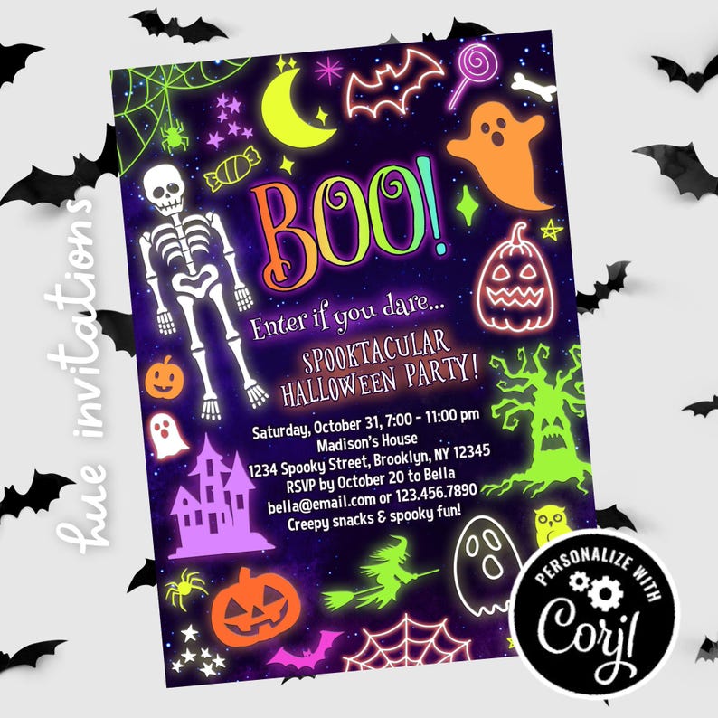 neon Halloween party invitations | spooktacular Halloween costume party invites | kids spooky Halloween invites neon colors image 4