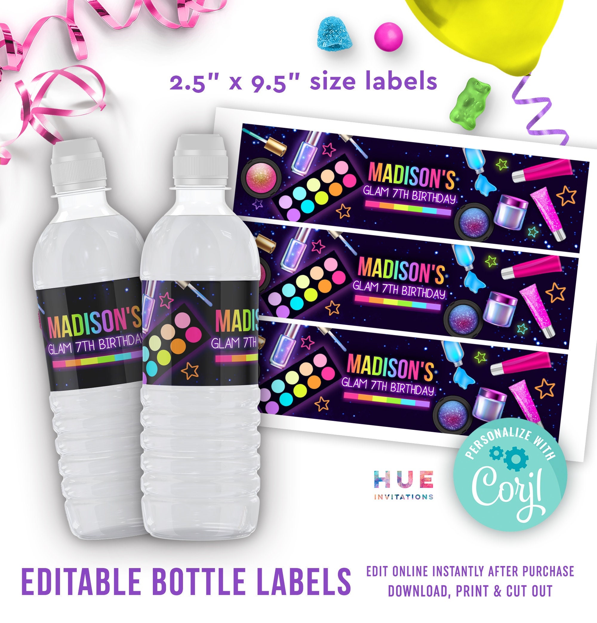 editable spa birthday party water bottle labels instant download | spa party bottle wraps printable templates | 2.5