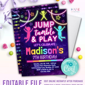 jump tumble & play trampoline park birthday invitation editable template | kids rainbow bounce birthday invite instant download