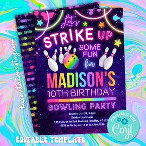 Puede incluir: Una invitaci&oacute;n a una fiesta de cumplea&ntilde;os de bolos de colores ne&oacute;n. La invitaci&oacute;n presenta una bola de bolos y bolos con un dise&ntilde;o de arco&iacute;ris. El texto de la invitaci&oacute;n dice "Let's Strike Up Some Fun for Madison's 10th Birthday Bowling Party".