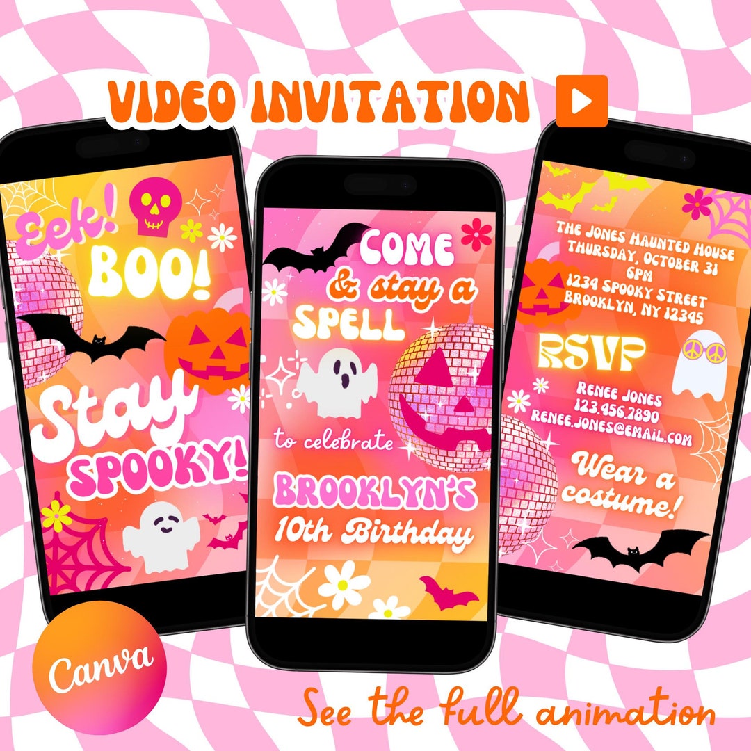 Halloween Birthday Party VIDEO Invitation for Girls Groovy Pink
