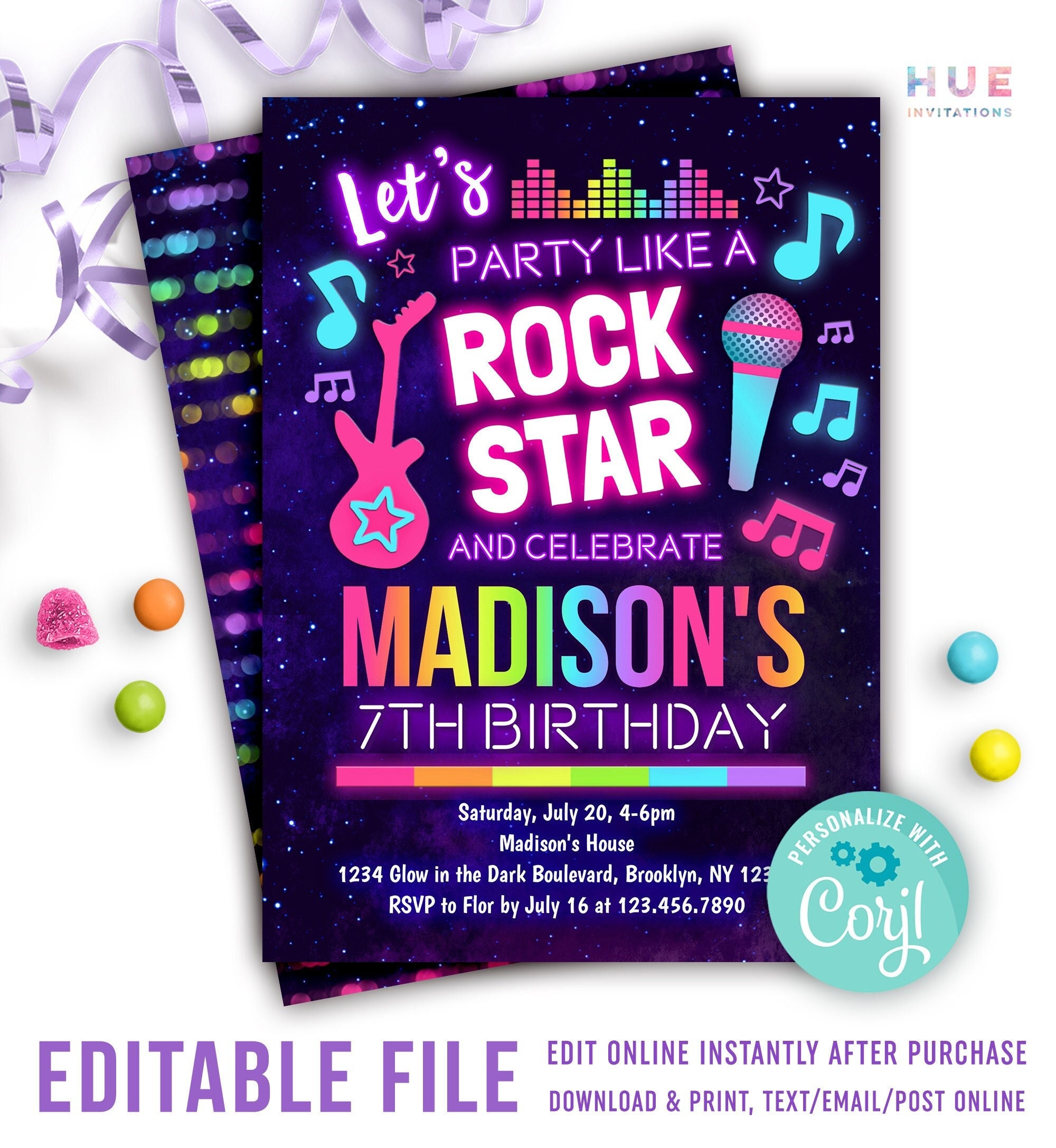 Rock Star Music Birthday Party Invitation Instant Download Rainbow Glow  Girls Rock and Roll Singing Birthday Invitation Editable File -  New  Zealand