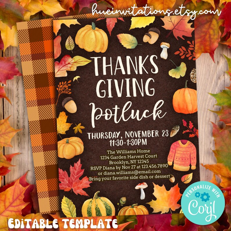 May include: Thanksgiving potluck invitation with pumpkins, leaves, and the text "Thanksgiving Potluck". The invitation includes event details and a plaid pattern on the left side. The invitation is an editable template.