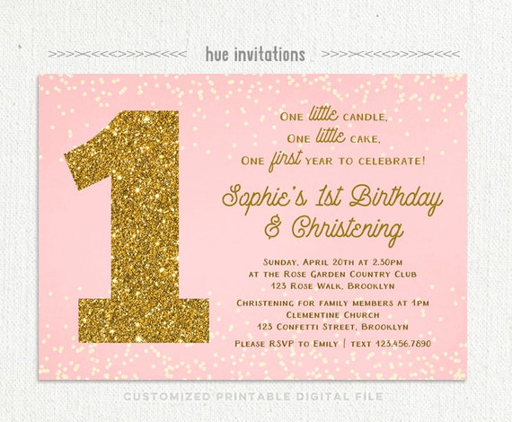 Girls 1st Birthday Christening Invitation Blush Pink Gold Etsy