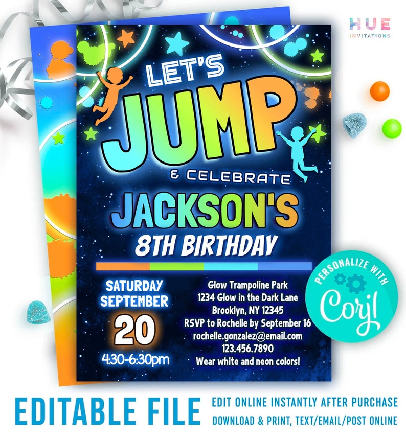 boys jump party birthday invitation neon glow jump & celebrate trampoline park birthday invite editable template blue green orange color image 1