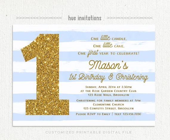 Boys 1st Birthday Christening Invitation Baby Blue Stripes Etsy