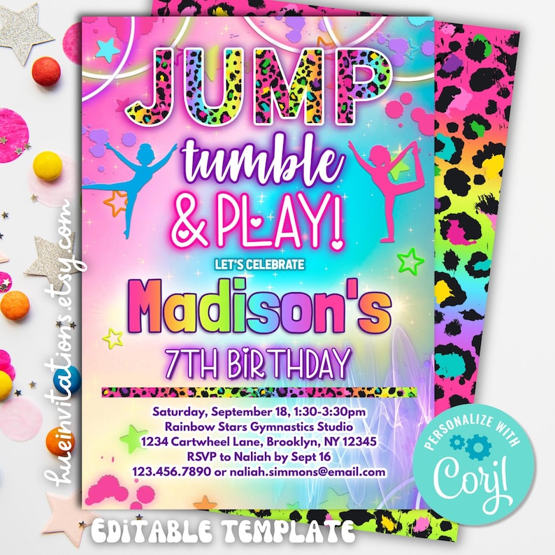 May include: A vibrant invitation for a 7th birthday party with a gymnastics theme. The design features the words "JUMP, tumble & PLAY!" in colorful, playful fonts. The invitation includes event details and the text "Madison's 7th Birthday".