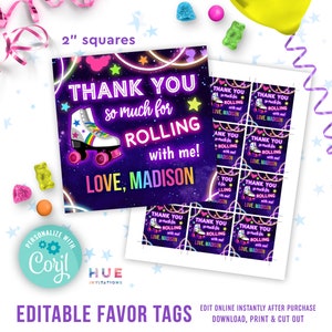 roller skate birthday party favor tags Corjl template | girls roller skating birthday thank you tag editable templates
