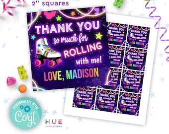 roller skate birthday party favor tags Corjl template | girls roller skating birthday thank you tag editable templates