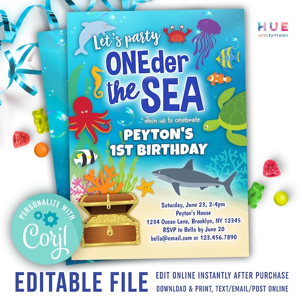 ONEder the sea 1st birthday invitation editable instant download | underwater ocean animals first birthday party invite for boy or girl