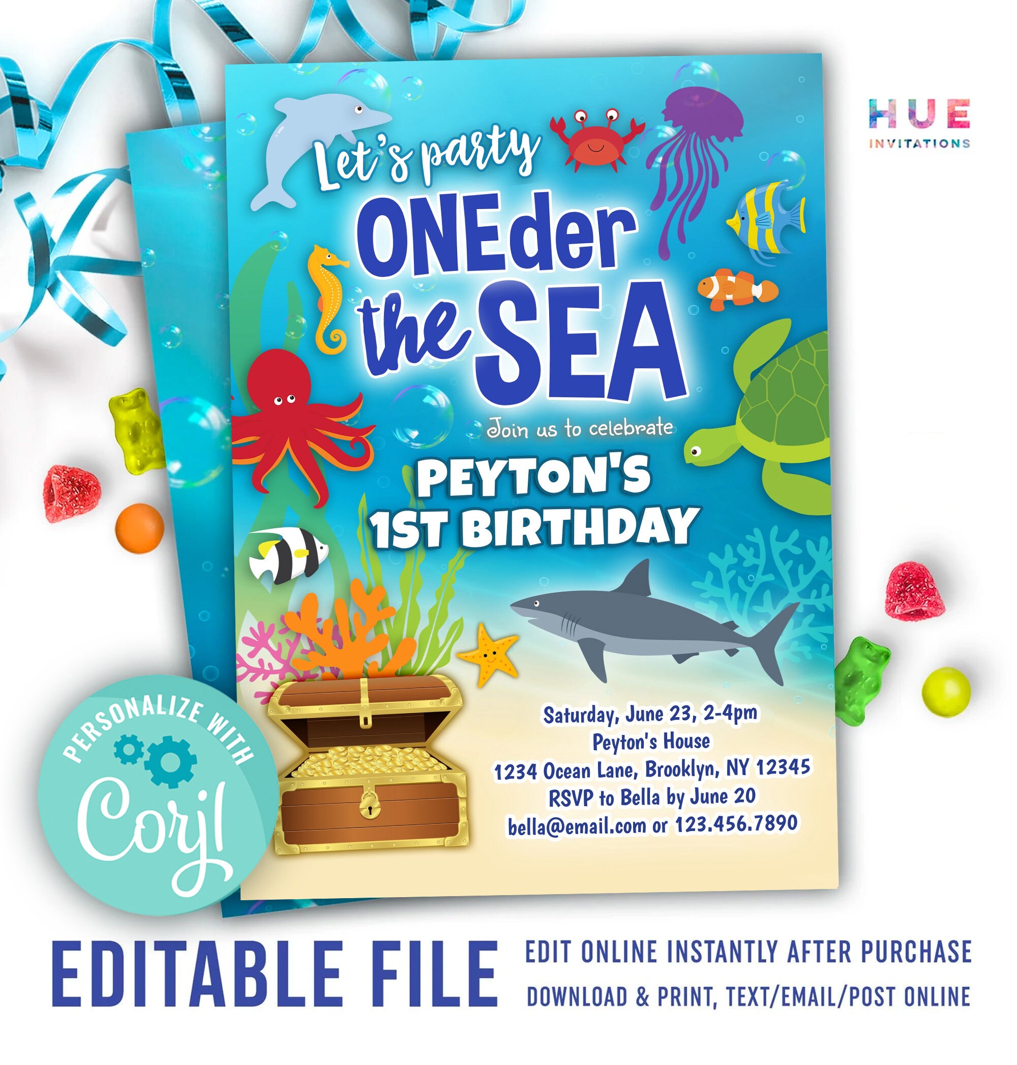 ONEder the sea 1st birthday invitation editable instant download underwater ocean animals first birthday party invite for boy
