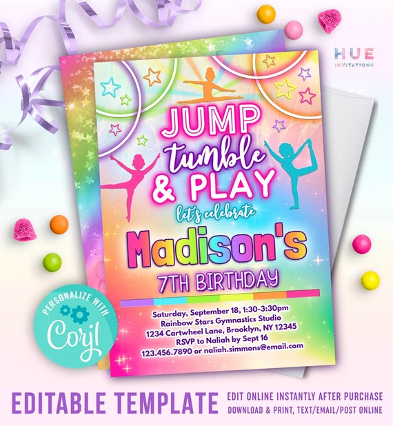 rainbow gymnastics party invitation editable template girls jump tumble play gymnastics theme birthday invite print or text email