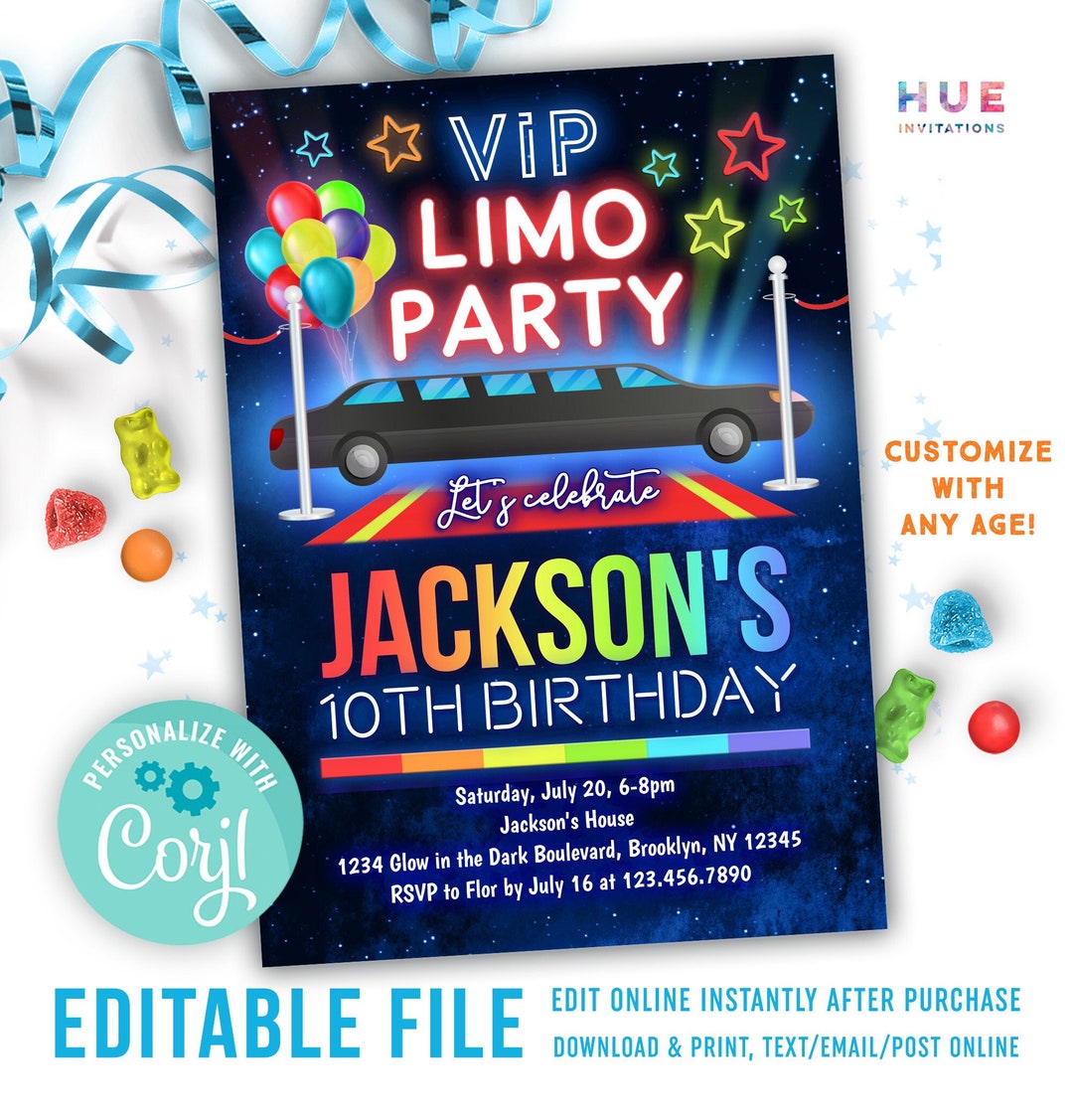 Boys Limo Party Invitation Editable Template Neon Rainbow Colors VIP ...
