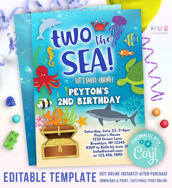TWO the Sea 2nd Birthday Invitation for Boy or Girl Under the Sea