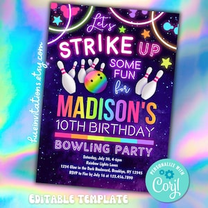 Puede incluir: Una invitaci&oacute;n a una fiesta de cumplea&ntilde;os de color ne&oacute;n para una fiesta de bolos. La invitaci&oacute;n presenta una bola de bolos y bolos con un fondo de galaxia. El texto de la invitaci&oacute;n dice "Let's Strike Up Some Fun for Madison's 10th Birthday Bowling Party".