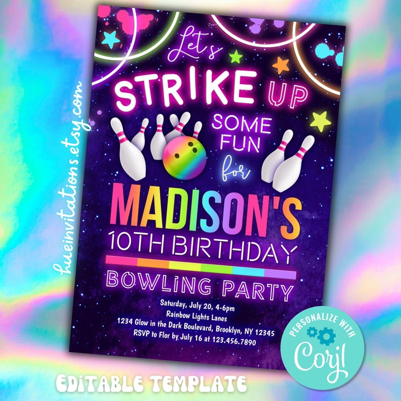 Puede incluir: Una invitaci&oacute;n a una fiesta de cumplea&ntilde;os de color ne&oacute;n para una fiesta de bolos. La invitaci&oacute;n presenta una bola de bolos y bolos con un fondo de galaxia. El texto de la invitaci&oacute;n dice "Let's Strike Up Some Fun for Madison's 10th Birthday Bowling Party".