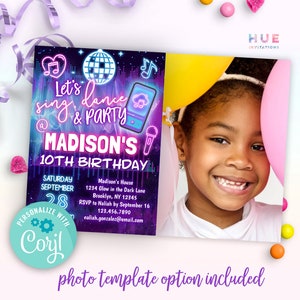 sing, dance & party music app theme birthday party invitation | teen girls glow disco karaoke music party birthday invite editable template