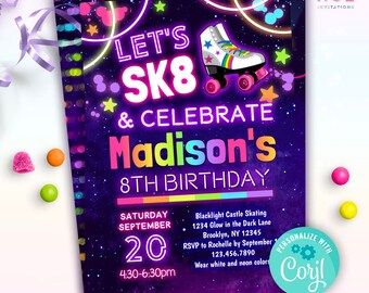 sk8 & celebrate glow roller skating 8th birthday party invitation (or any age) | neon disco skate party birthday invite editable template