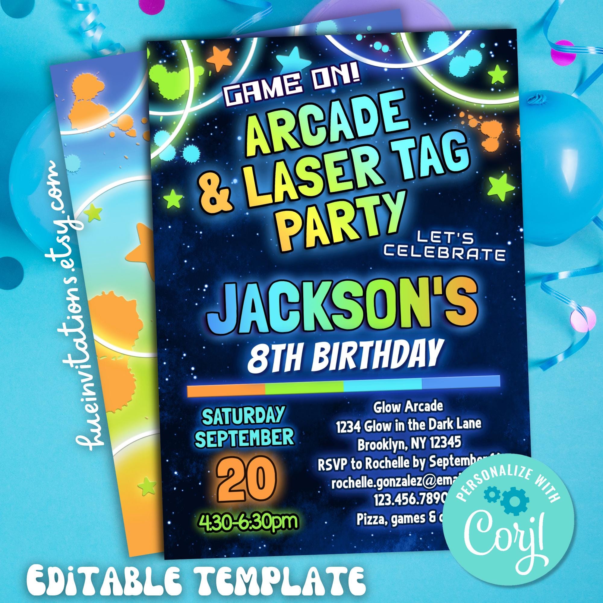Boys Arcade Laser Tag Invitation Editable Template | Game on Glow Arcade  Games Party Invite for Print Text Email | Blue Green Orange Colors - Etsy  Israel, image size:2000x2000