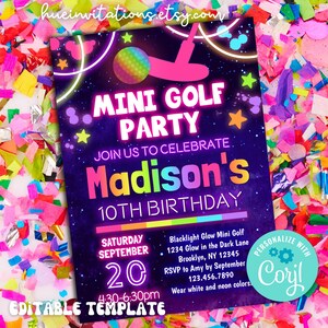 Pu&ograve; includere: Un invito a una festa di compleanno di colore viola neon e nero per una festa di mini golf. L'invito presenta una palla da golf e un putter che brillano al buio, stelle e il testo "Mini Golf Party" e "Join us to celebrate Madison's 10th Birthday". L'invito include anche la data, l'ora, il luogo e le informazioni di RSVP. Il testo "Personalizza con Corjl" &egrave; in un cerchio con ingranaggi.