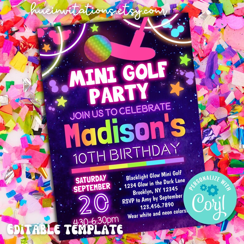 Pu&ograve; includere: Un invito a una festa di compleanno di colore viola neon e nero per una festa di mini golf. L'invito presenta una palla da golf e un putter che brillano al buio, stelle e il testo "Mini Golf Party" e "Join us to celebrate Madison's 10th Birthday". L'invito include anche la data, l'ora, il luogo e le informazioni di RSVP. Il testo "Personalizza con Corjl" &egrave; in un cerchio con ingranaggi.