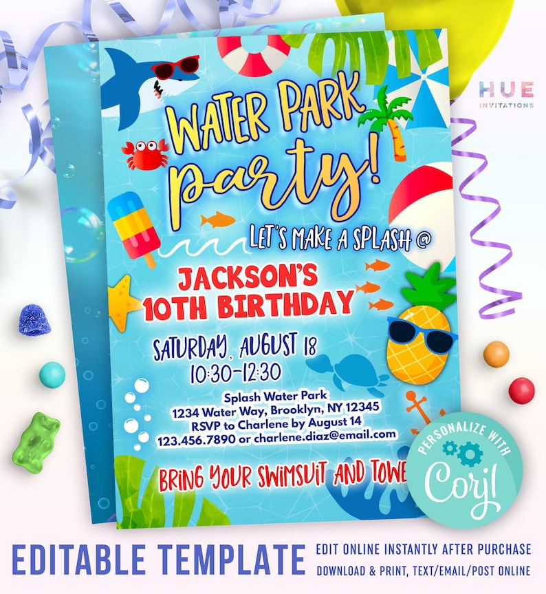 boys water park birthday invitation template shark & pineapple waterpark party invite summer waterslide invitation image 1