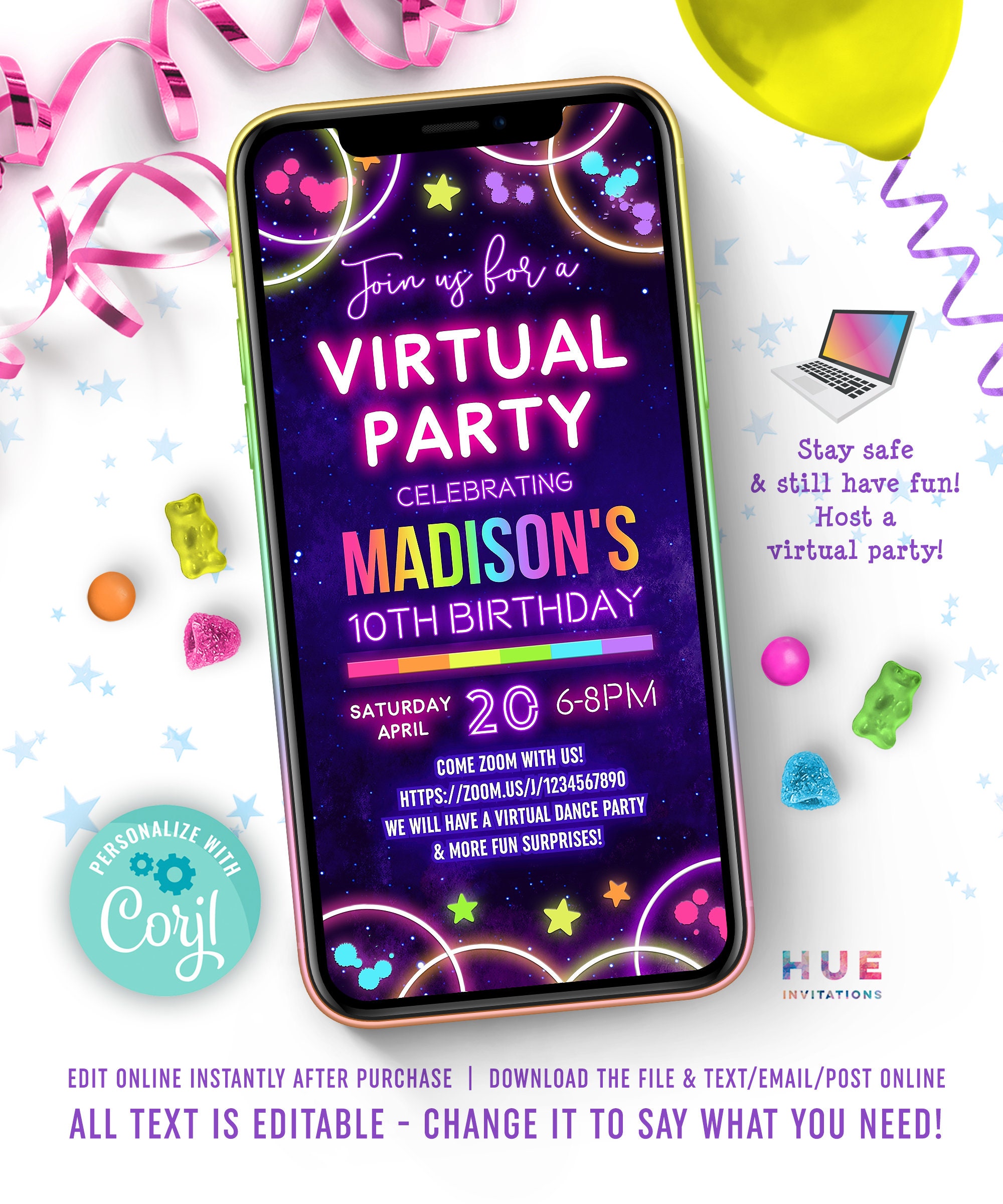 Glow virtual party invitation zoom party video chat girls Etsy