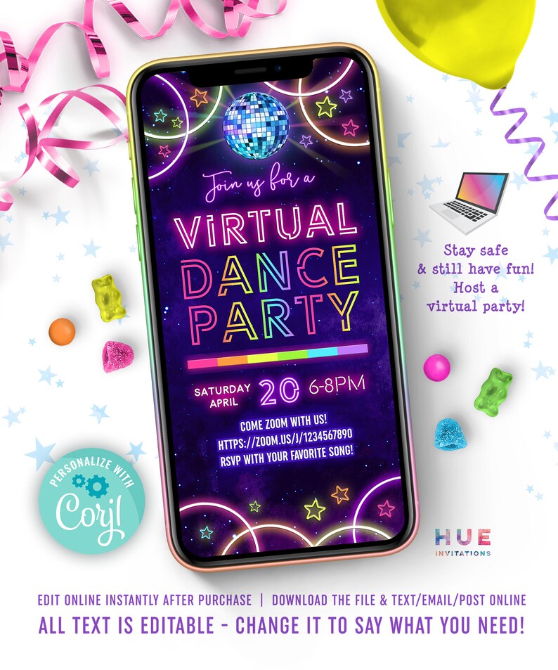 Virtual dance party invitation zoom party video chat dance Etsy