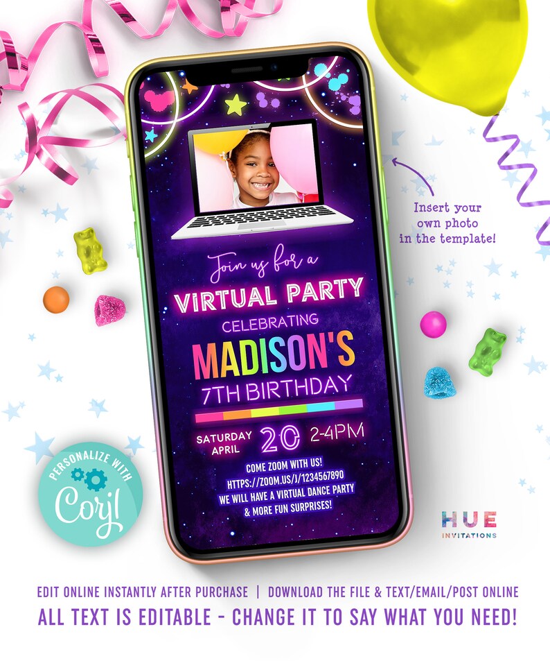 Virtual glow party invitation with photo zoom party girls Etsy