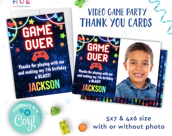 game over video game birthday party thank you cards editable templates | glow gamer party thank you cards boy or girl