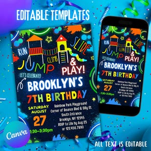 K&ouml;nnte beinhalten: Editierbare Geburtstagseinladungsvorlage mit einer neonfarbenen Illustration eines Spielplatzes mit dem Text "Laufen, Springen, Klettern & Spielen!" und "Brooklyns 7. Geburtstag". Die Einladung enth&auml;lt Datum, Uhrzeit, Ort und RSVP-Informationen.