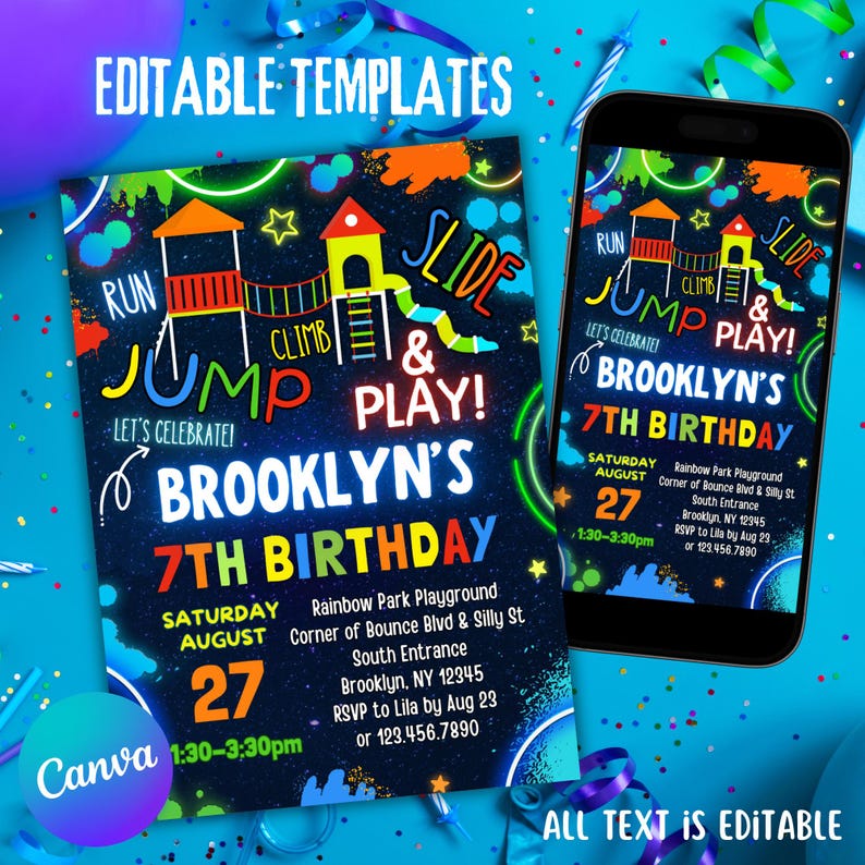 K&ouml;nnte beinhalten: Editierbare Geburtstagseinladungsvorlage mit einer neonfarbenen Illustration eines Spielplatzes mit dem Text "Laufen, Springen, Klettern & Spielen!" und "Brooklyns 7. Geburtstag". Die Einladung enth&auml;lt Datum, Uhrzeit, Ort und RSVP-Informationen.