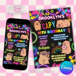 May include: A digital invitation design for a 10th birthday party, featuring a capybara theme. The invitation includes the text "Brooklyn's Capy" with event details, neon accents, and a Canva logo. The design is displayed on a smartphone and a printed card.
