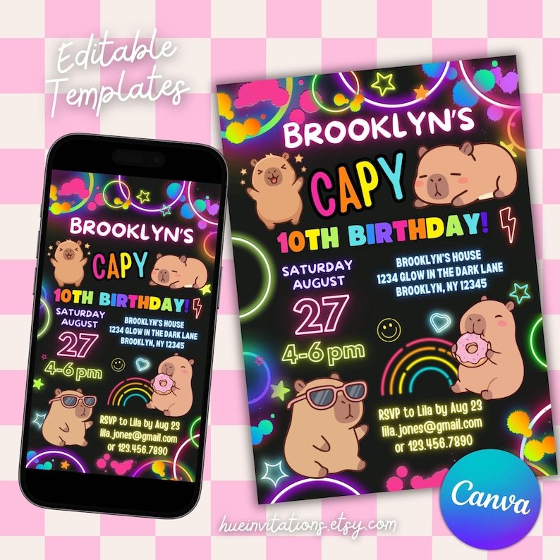 May include: A digital invitation design for a 10th birthday party, featuring a capybara theme. The invitation includes the text "Brooklyn's Capy" with event details, neon accents, and a Canva logo. The design is displayed on a smartphone and a printed card.